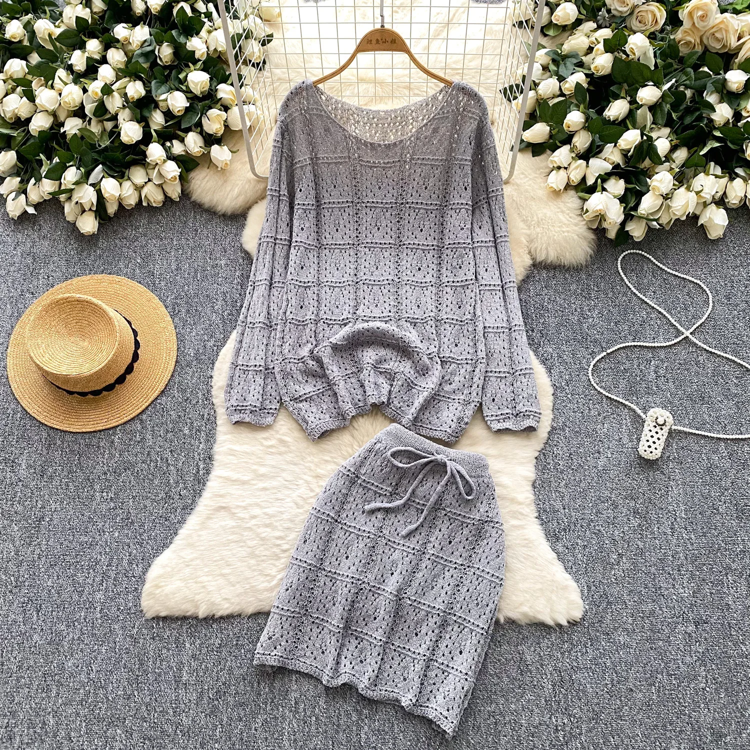 

Women Loose Hollow Skirt Sets Two Piece Solid Knit Pullovers Full Sleeve Drawstring Skirt Elegant Casual Suits Autumn Dress Sets