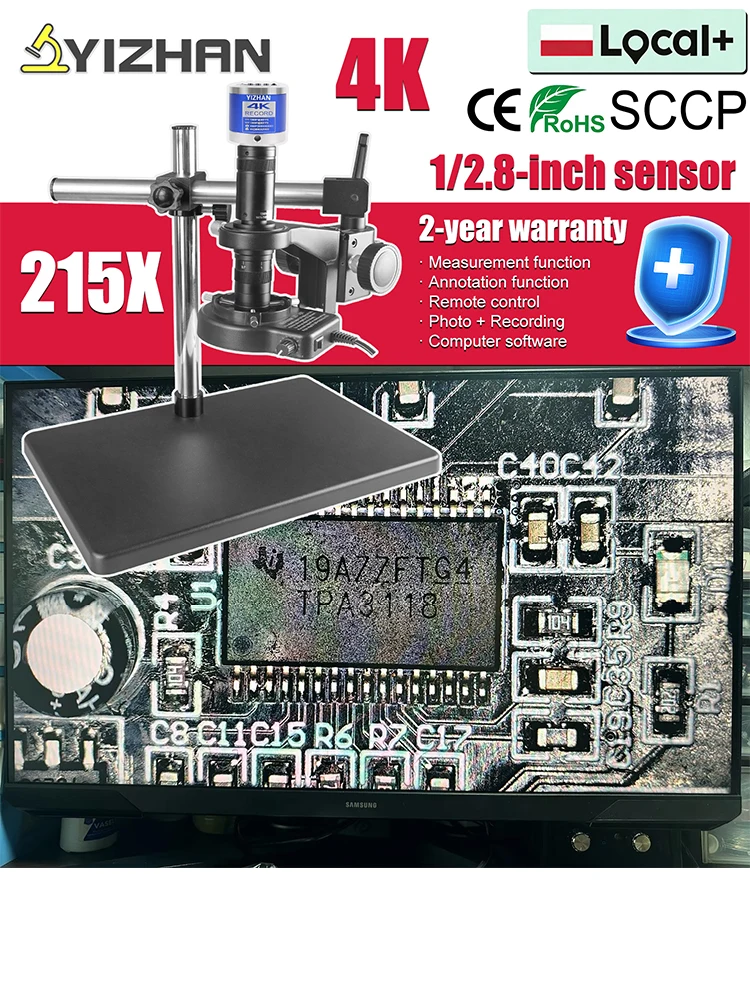 YIZHAN Volles 4K-Digitalmikroskop für Elektronik, 215-faches Zoomobjektiv, 1/2,8 Zoll IMX415-Sensor, HDMI-USB-Kamera mit Messsoftware