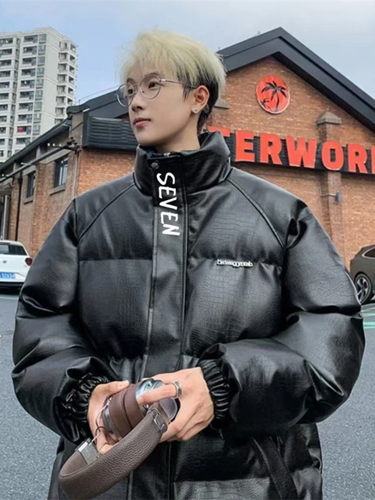 

Мужская утепленная хлопковая куртка с воротником-стойкой, с кожаной поверхностью и узором под крокодила, молодежная повседневная модель с длинными рукавами