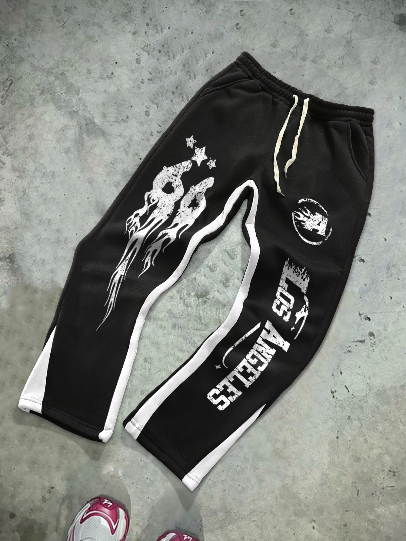 

American Autumn-Winter Trendy Brand Contrast Print High St Grafitti Drawstring Men's Slightly Flared Hip-hop Pants