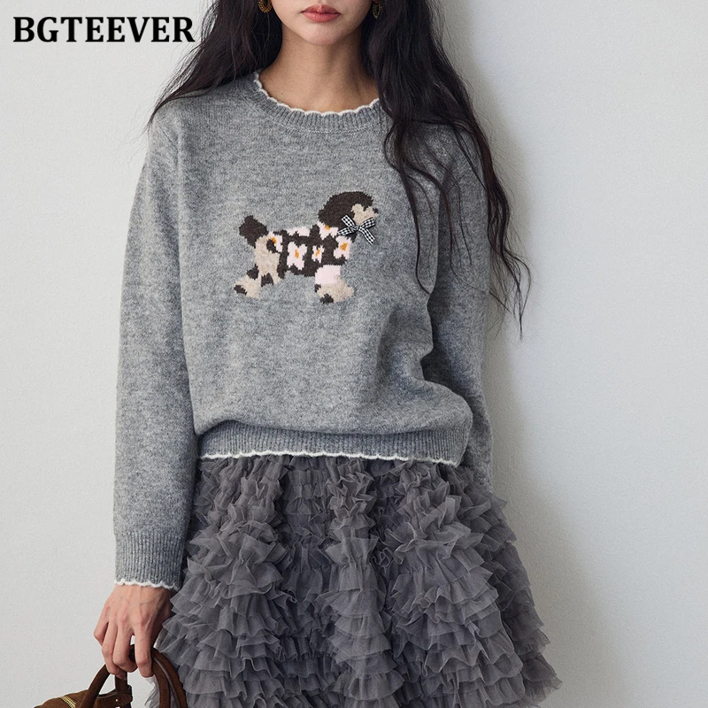 

BGTEEVER Chic Casual Loose O-neck Ladies Knitted Cartoon Pullovers Autumn Winter Fashion Long Sleeve Female Sweaters Jumpers