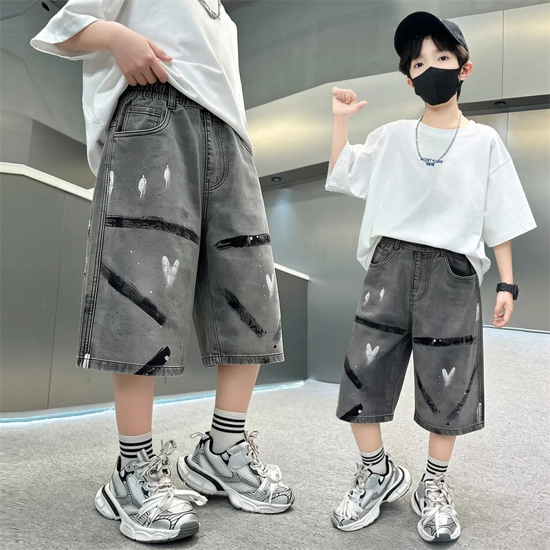 

New Summer Teenager Boys Shorts Jeans Fashion Print Short Denim Pants For 8 10 12 14 Years Old Kids Children Mid-Length Trousers