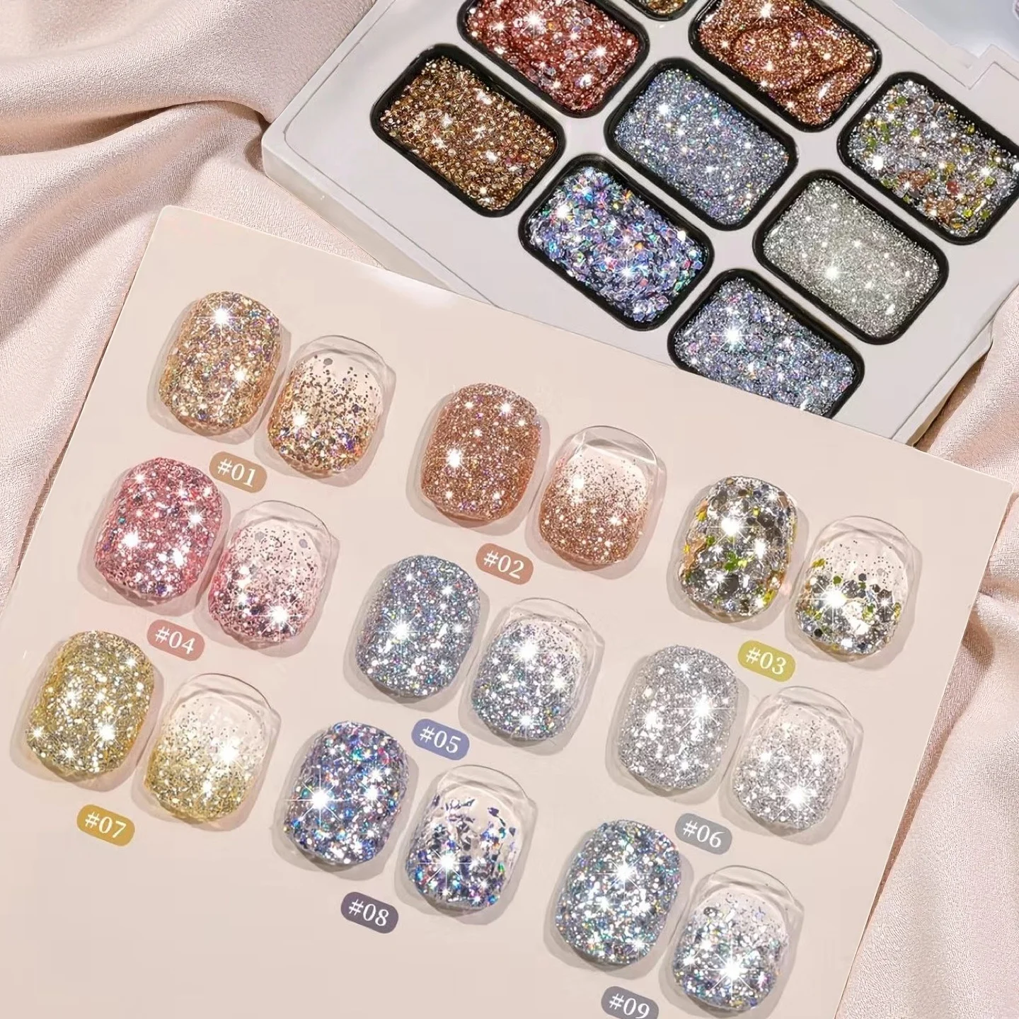 Neunfarbiges Diamant-Nagelgel, geeignet für DIY-Nägel, Salon und Nageldesign.