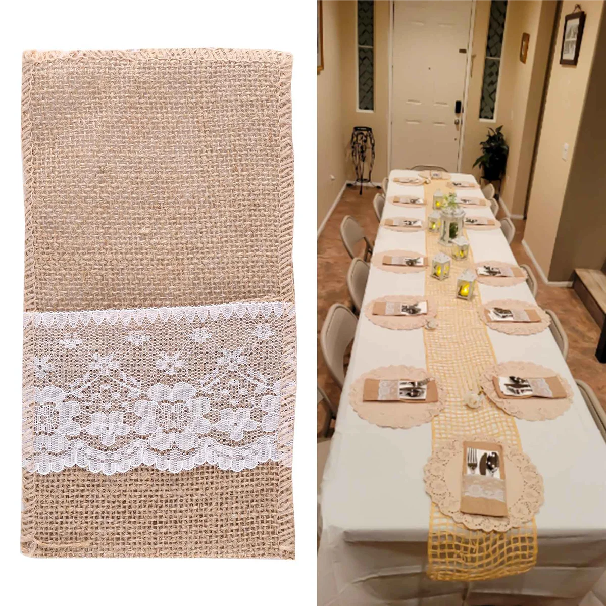 Imagem -06 - Burlap Lace Cutlery Pouch Louça de Casamento Rústico Faca Fork Holder Bolsa Hessian Jute Acessórios Decoração Mesa 100 Pcs