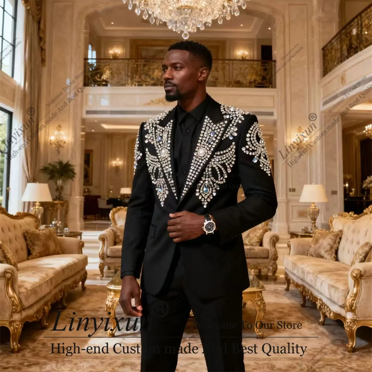 

Luxurious Design Crystals Beaded Men Suit For Wedding 2 Pieces Male Prom Blazer Slim trajes para hombre Customized Groom Tuxedo