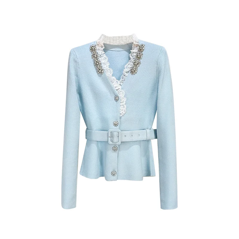 

【Gift Free】Spring/Summer 2026 Haze-Blue V-Neck Knit Top with Lace Trim, Rhinestone Embellishment, and Slimming Belted Waist