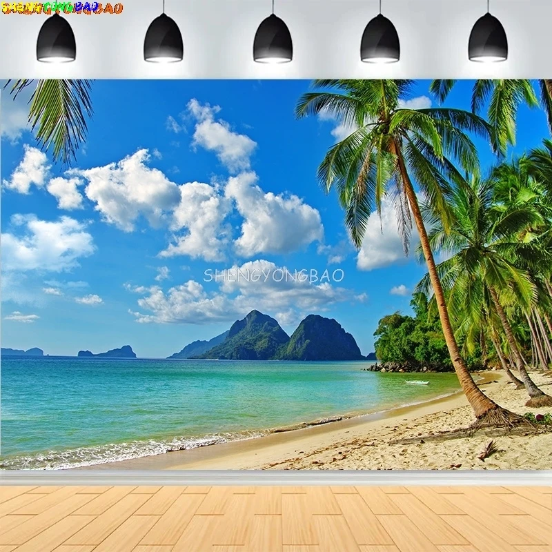 Tropical Beach Sea Ocean With White Cloud Blue Sky Photography Backdrops Sandy Palms Trees Island Background BU-01