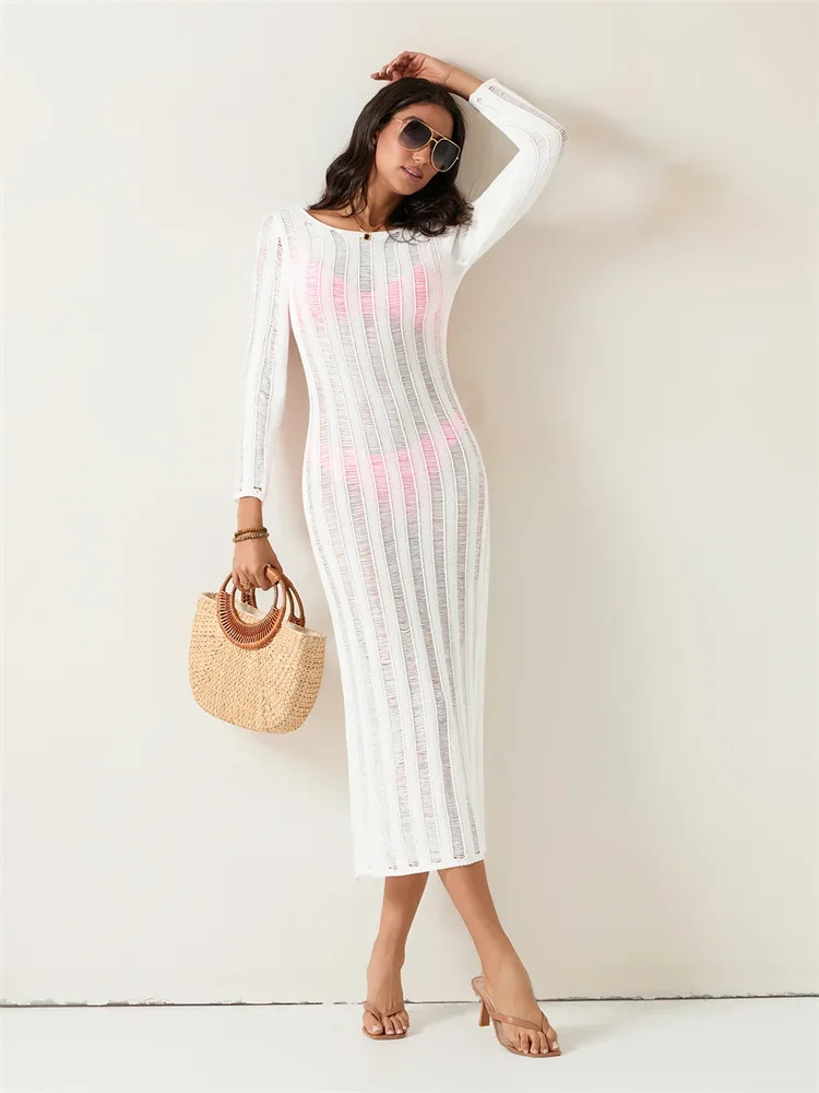 Biquíni feminino cobrir vestido de manga longa u pescoço sem costas midi vestido cor sólida oco para fora malha praia cover-ups