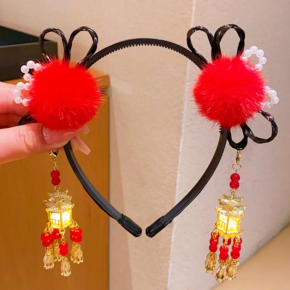 Glowing Hanfu Wig Headband Flower Tassel Chinese Style Luminous Lantern Headband Ancient Plush Lion New Year Headdress