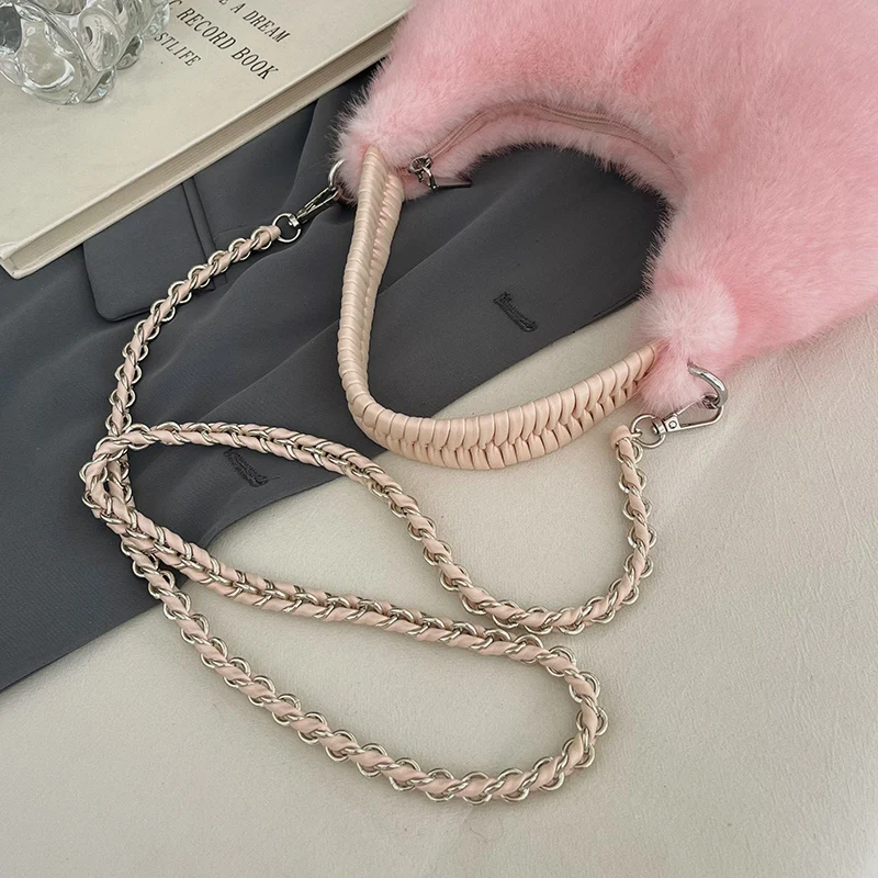 Halbmond-Design Lammwoll-Handtasche Clutch für Damen 2026 Winter Weiche Flauschige Handtasche Halbkreis-Plüsch-Umhängetasche Bolsa – Detail 16