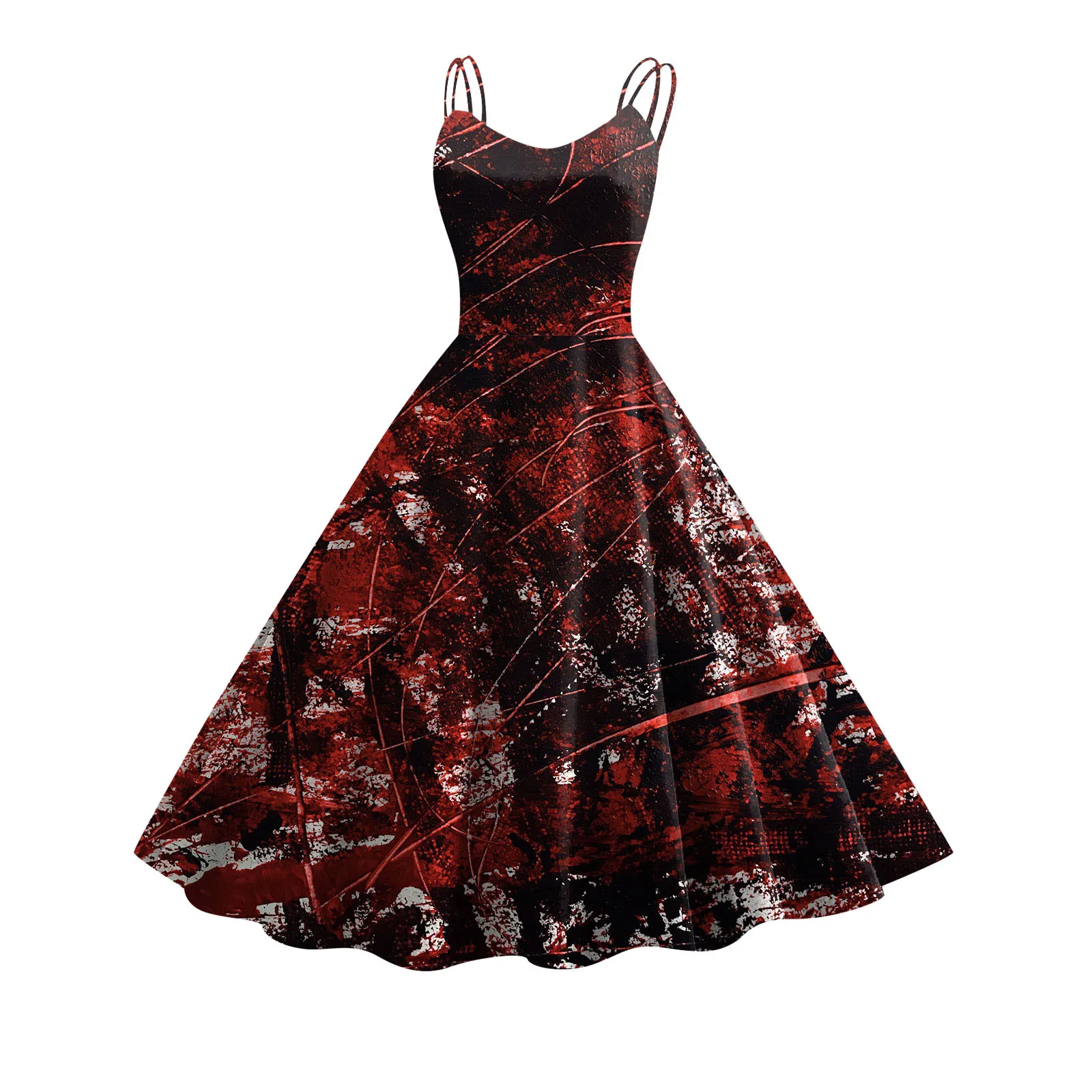 Women Vintage Halloween Print Sleeveless Strap Dress 1950s Evening Swing Party Prom Dress Summer Knee Length Dresses For Women