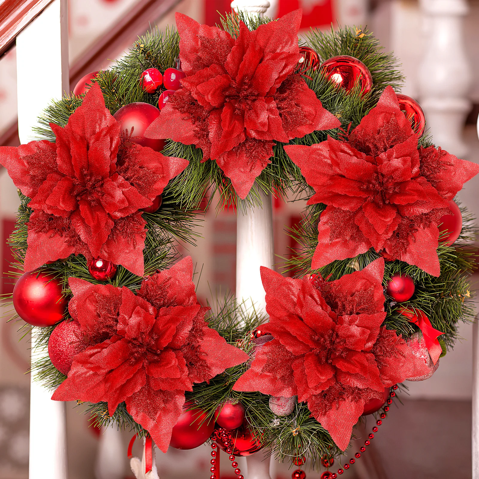 

12Pcs Christmas Party Decorations Artificial Flowers Glittering Full Petals Long Lasting Choice Christmas Flowers