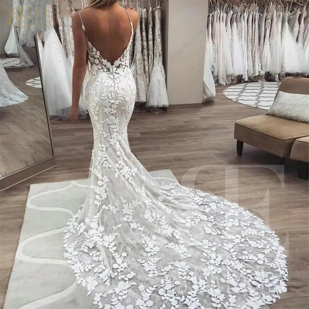 BEBEKEY Abito da sposa sexy in pizzo personalizzato senza spalline Abito da cerimonia nuziale a sirena Abiti da sposa senza schienale Abiti formali Robe