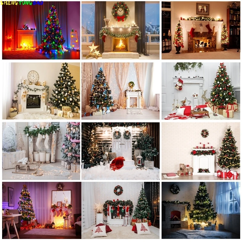 

Vinyl Custom Christmas Day Photography Backdrops Prop Christmas Tree Fireplace Photographic Background Cloth CHM-003