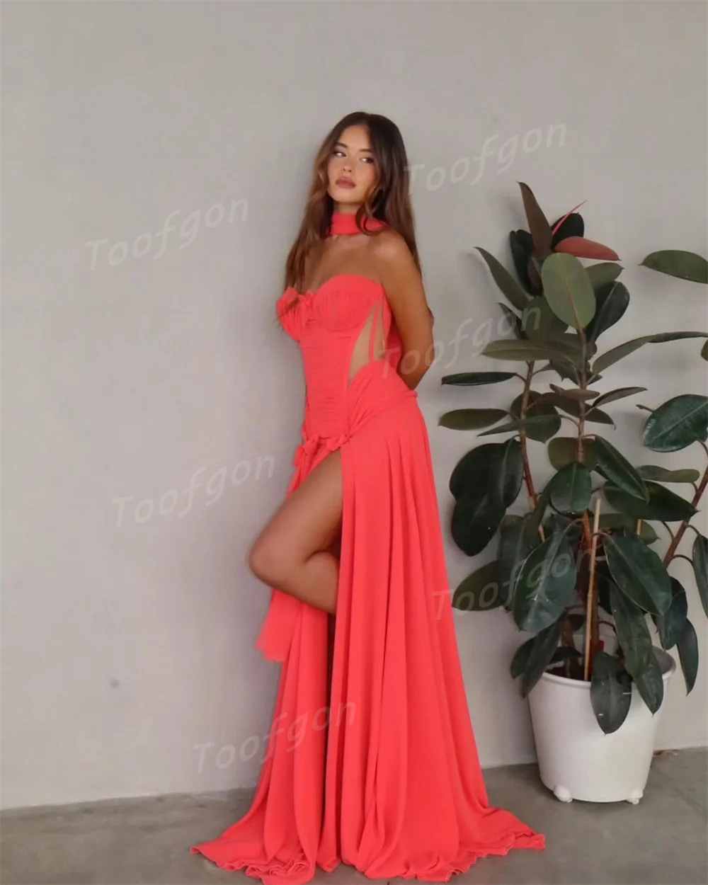 Toofgon الشيفون مخصص طويل فساتين لحضور الحفلات الموسيقية الرقبة التفاف الحبيب مناسبة رسمية حفلة سهرة فساتين النساء ملابس عيد ميلاد