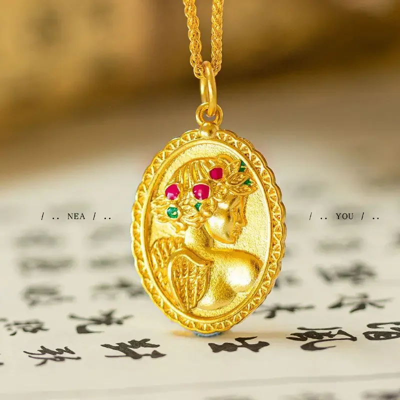 9999 Real Gold 24K French Niche Premium Angel Pendant Gold European and American Flower Angel Pendant Sweater Chain Pendant