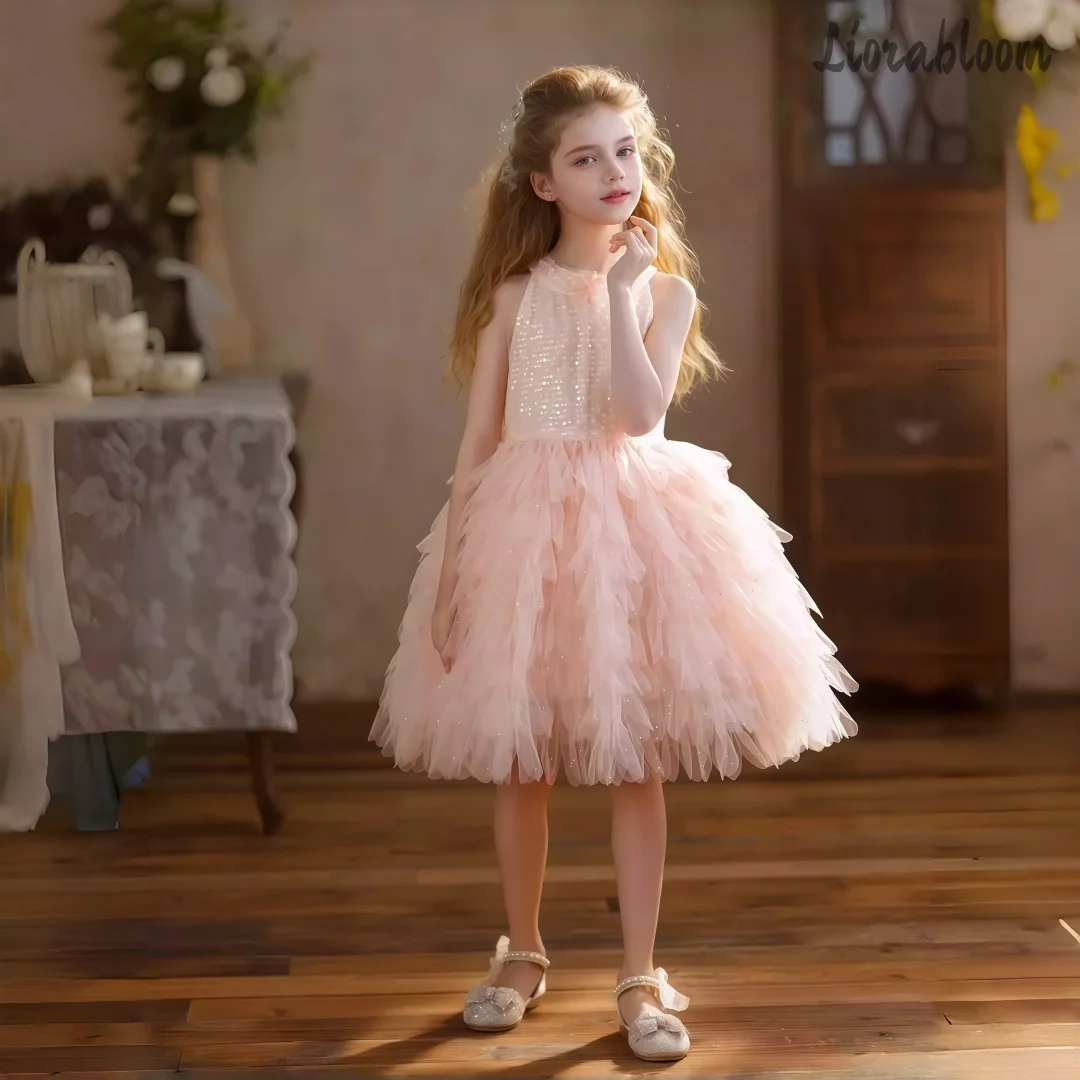 Girls' Pink Halter Dress Floral-Embroidered Mesh Flower Girl Gown Layered Voluminous Party Dress Wide Flared Wedding Attire view 3