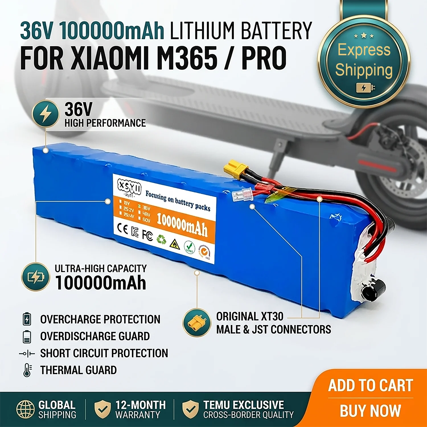 

Original 36V 100000mAh Battery for Xiaomi M365 M356 Pro Special Battery Pack 36V Li-ion Battery 100000mAh