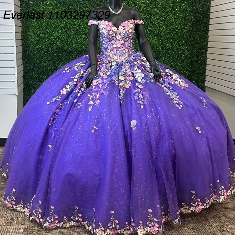 

EVLAST Glitter Purple Quinceanera Dress Ball Gown 3D Flowers Applique Beading Crystals Corset Sweet 16 Vestido De 15 Anos TQD423