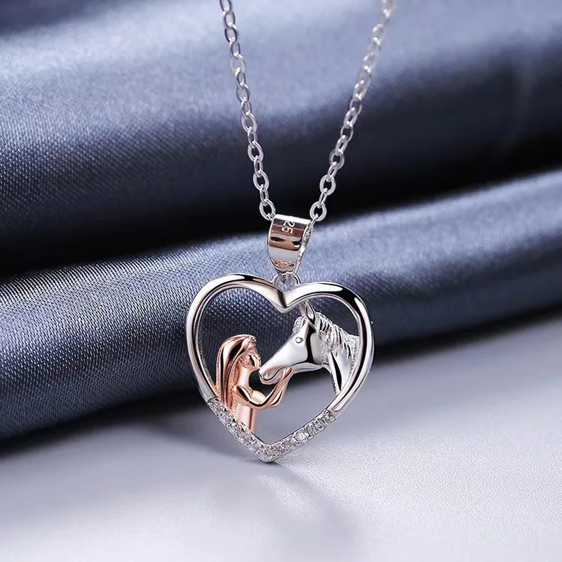 Exquisite Heart Zircon Girl and Horse Necklace for Women Rose Gold Plated Pendant Necklace Animal Jewelry Party Anniversary Gift