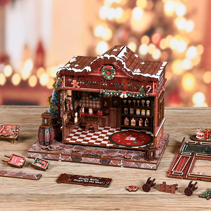 DIY Wooden Miniature Model Kits Warm Winter Hut Cottage 3D Puzzle Dollhouse With Furniture for Friends Christmas Gifts
