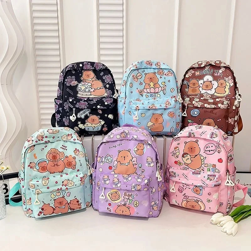 Kawaii Capybara Cartoon Backpack For Teen Girls Student School Bag Nylon Large Capacity Lightweight Rucksack Travel Daily Use