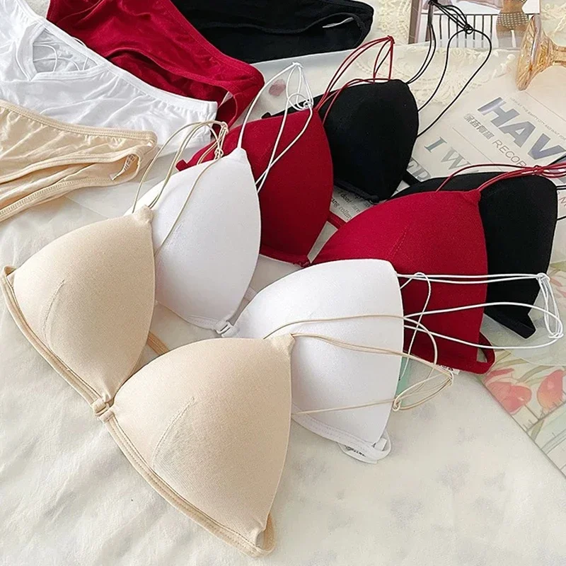 Women\'s Sexy Front Buckle Seamless Bra Adjustable Deep V Triangle CupShoulder Strap Single Buckle Satin Tube Top Underwear