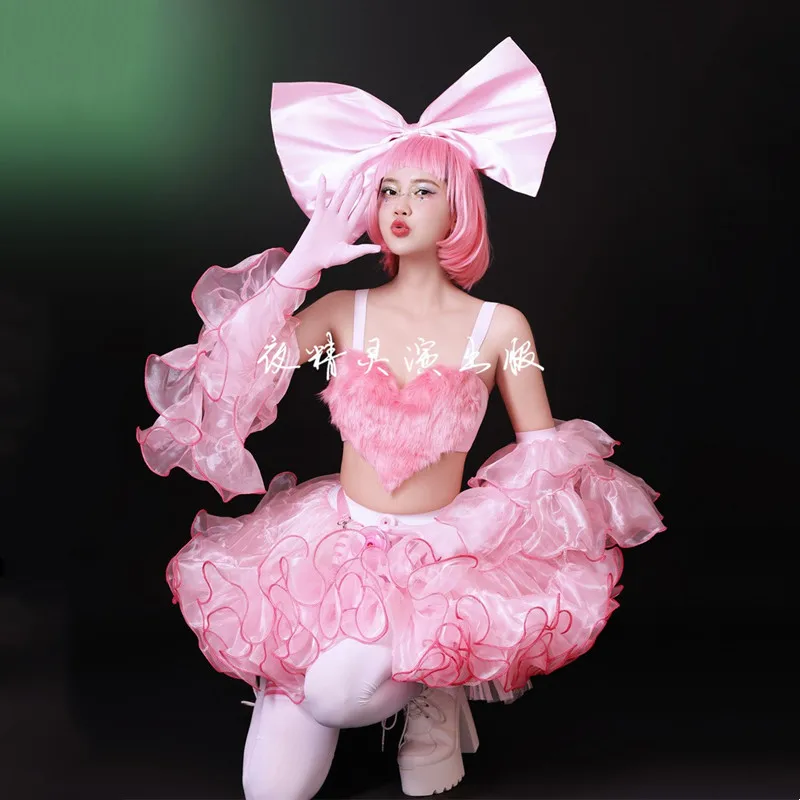 Nightclub Bar Female Gogo Dance Team Lovely Performance Costume Carnival Party Festival Clothes Sexy Pink Sweet Fluffy Skirt Set
