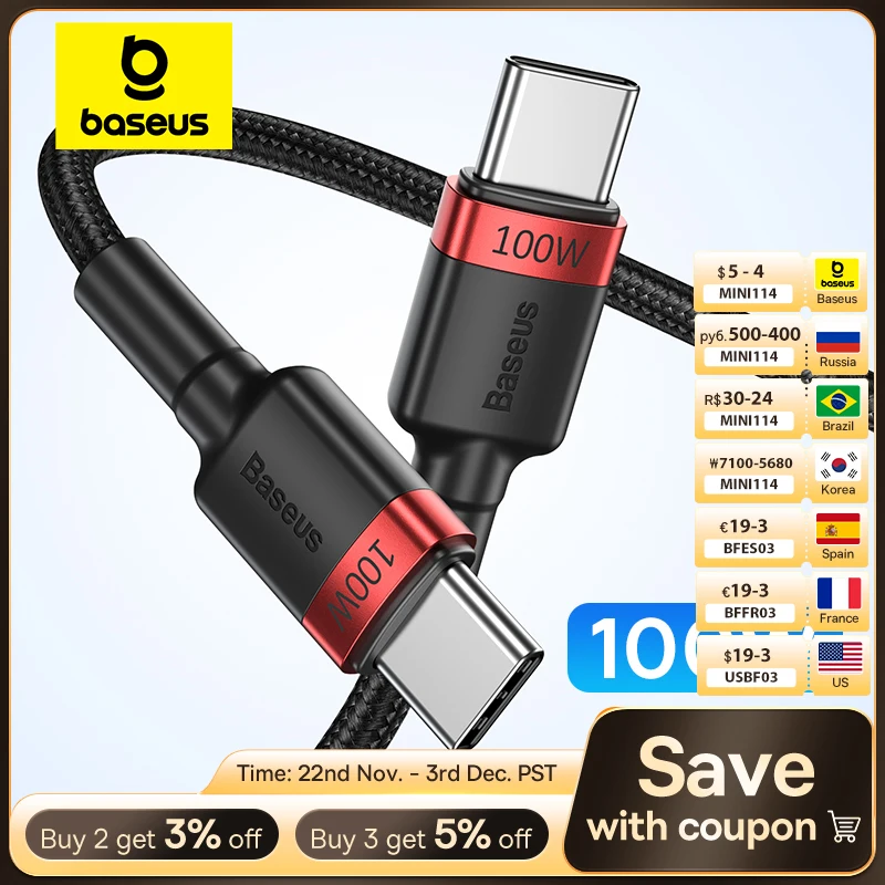 Baseus USB C to USB Type C Cable For iPhone 16 15 Pro Max MacBook Pro 100W Quick Charge Fast Charging for Samsung Xiaomi mi 10