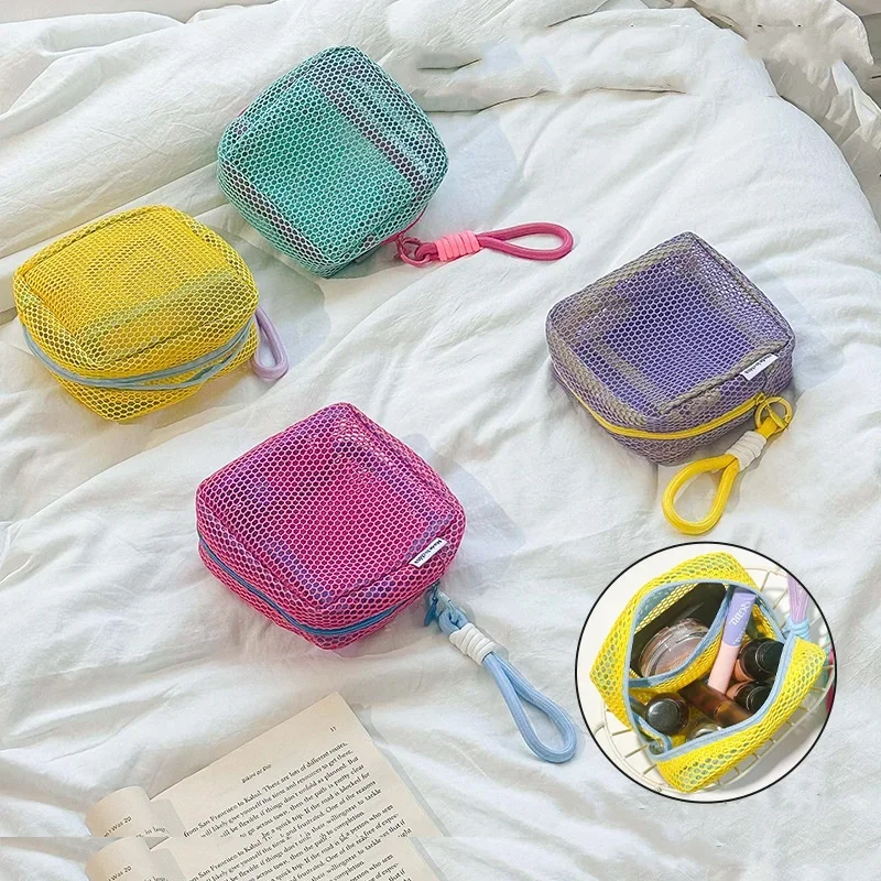 Dopamine colored mesh tofu bag square mesh miscellaneous storage travel multi purpose data cable headphone charger storage bag