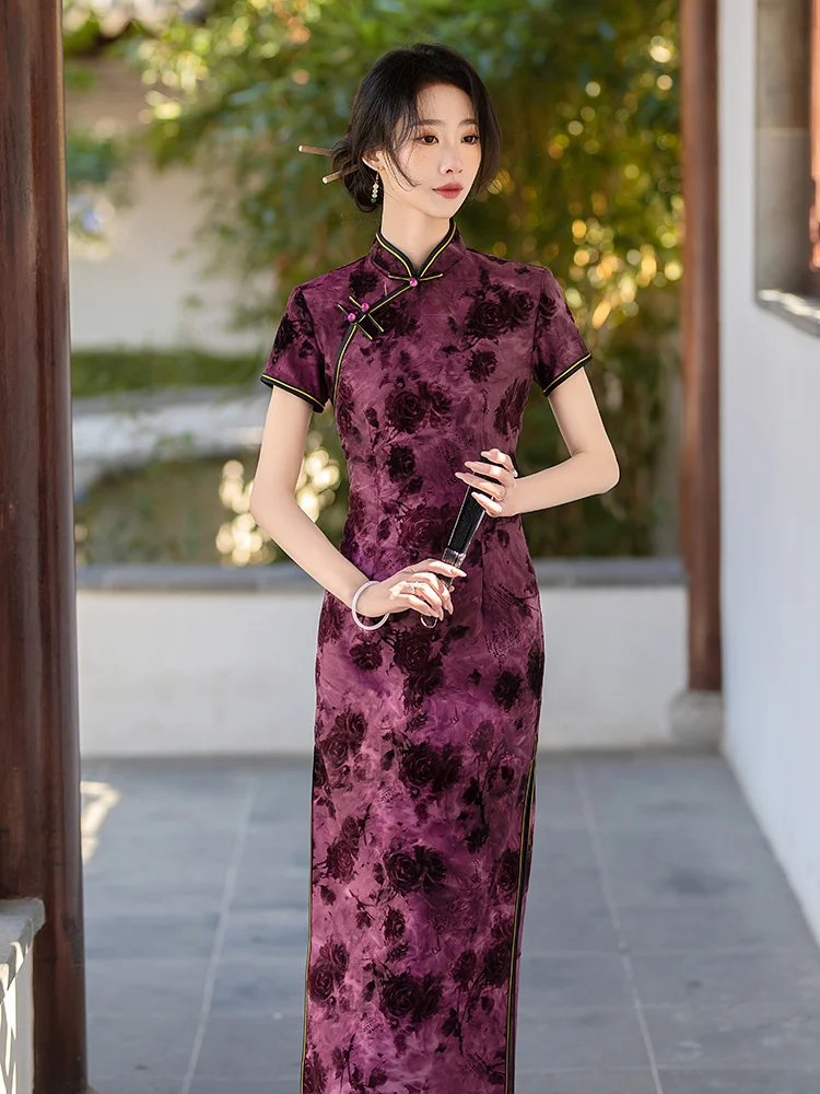 

Ele Long New Chinese Sle Qipao Purple Elastic Polyester And Spandex Materni Spring Daily Wear for Middle Aged Women