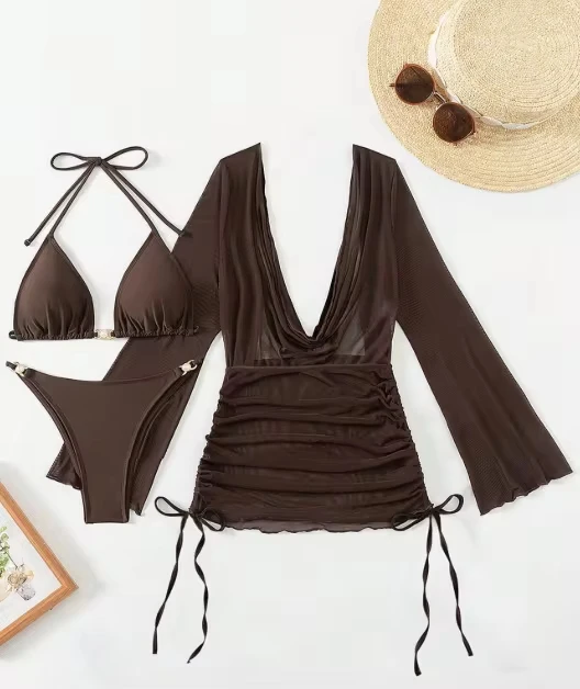 

2026 3 Pieces Set Swimsuit Women Thong Swimwear Sexy Matching Bikini Set Long Sleeve Dress Cover Up Beachwear Bathing Suit