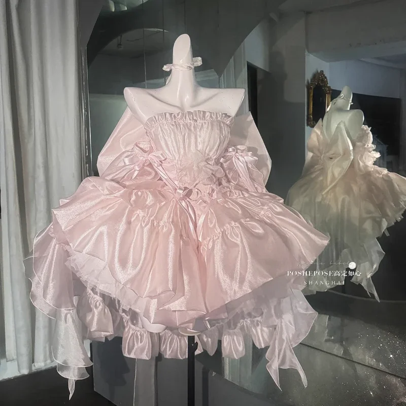 

High Quality Princess Strapless Dress Women's Sweet High Waist Big Bow Sleeveless Lolita Fairy Dress Ladies Birthday Party Dress