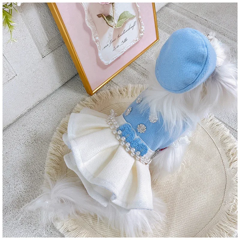

Luxurious Brand Style Classic Blue Pearl Tweed Winter Warm Pet Dress And Coat Small Dogs Couple Outfit