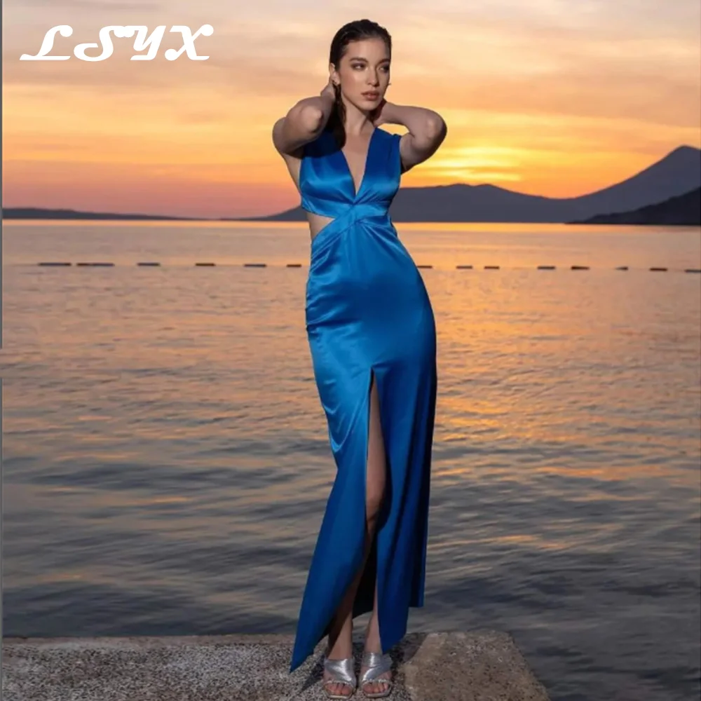

LSYX Elegant Blue Wedding Party Dresses 2023 V-Neck Sleeveless High Split Mermaid Backless Floor Length Evening Prom Gown