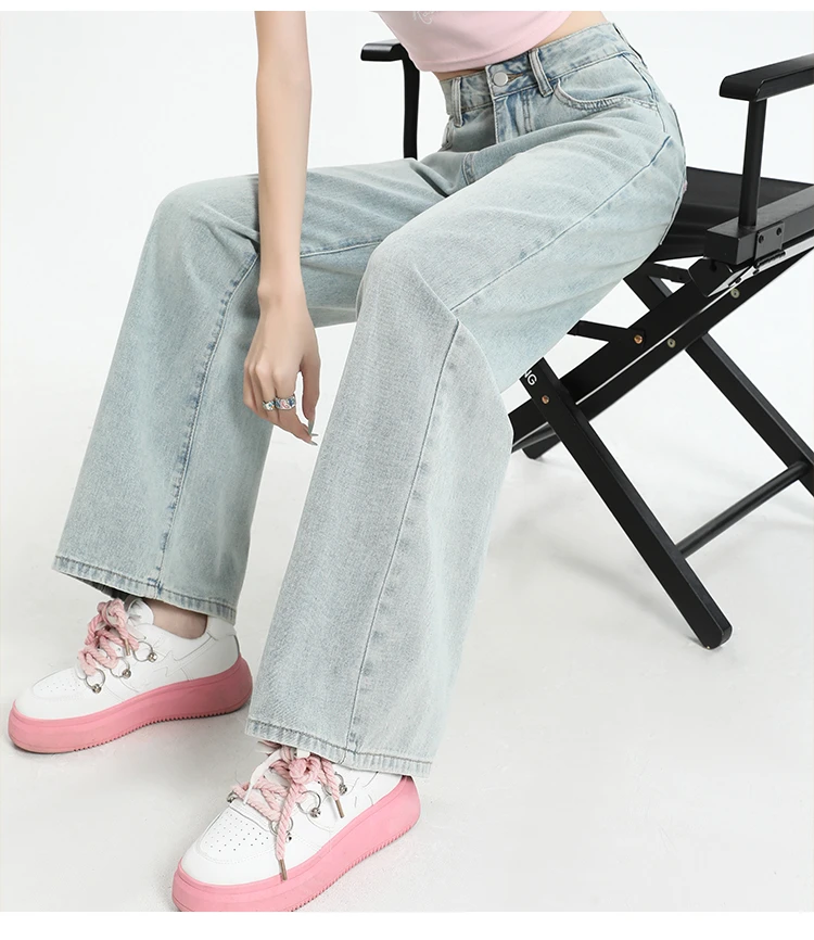 Jean droit taille haute pour femme, fin et Slim, ample, jambes larges, bleu clair, printemps et été 2025