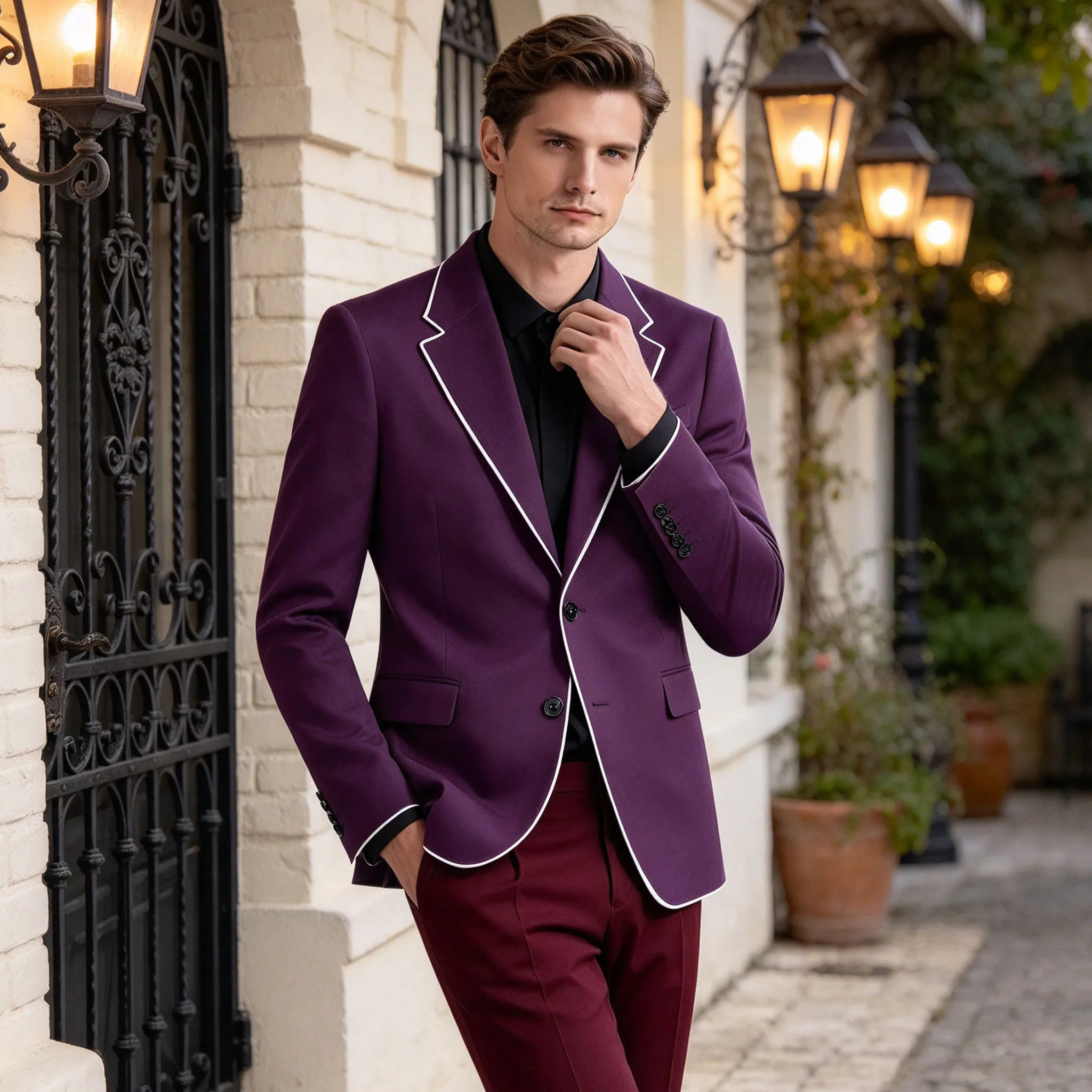 Men's Serge Jacket White Piping Notched Lapel Single Breasted Slim Fit High Quality Formal Suit Jacket Business Wedding Party