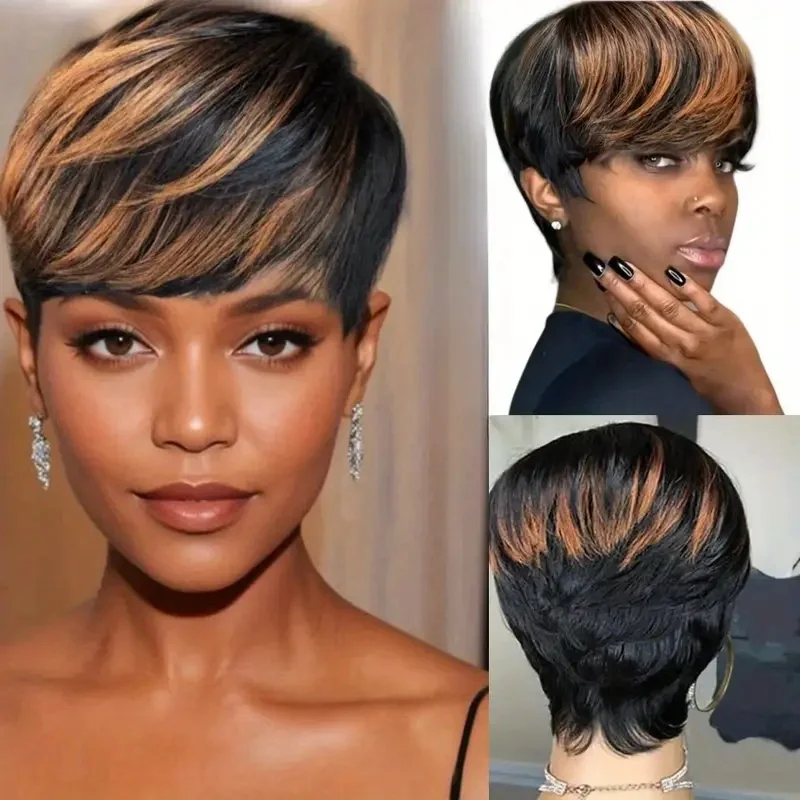 픽시 컷 가발 흑인 여성을위한 인간의 머리 짧은 가발 앞머리가있는 짧은 픽시 가발 전체 기계 제작 가발