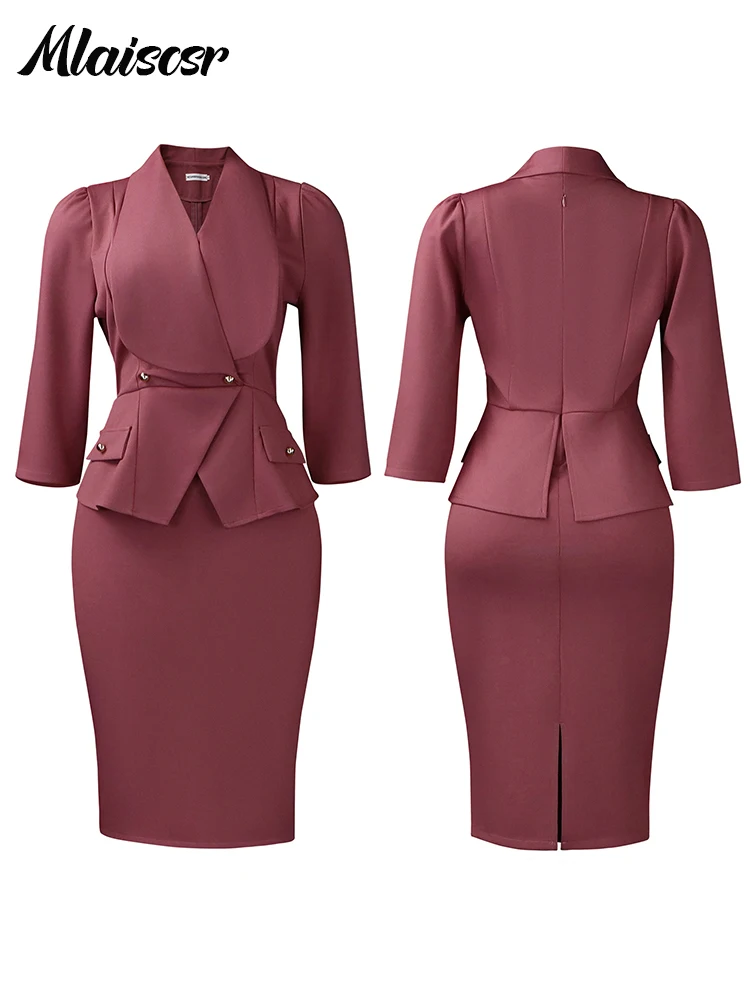 Mlaiscsr vrouwen Nieuwe Grote kraag 3/4 Mouw knop Slanke potlood Mid Jurk Herfst Winter Kantoor Dame Avondfeest Gewaad