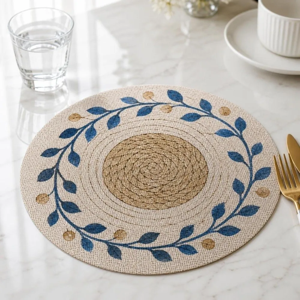 14.96in Printed Placemats Flower Printed Pattern Round Shape Imitation Rattan Placemats Wipeable Anti-slip Round Table Mats
