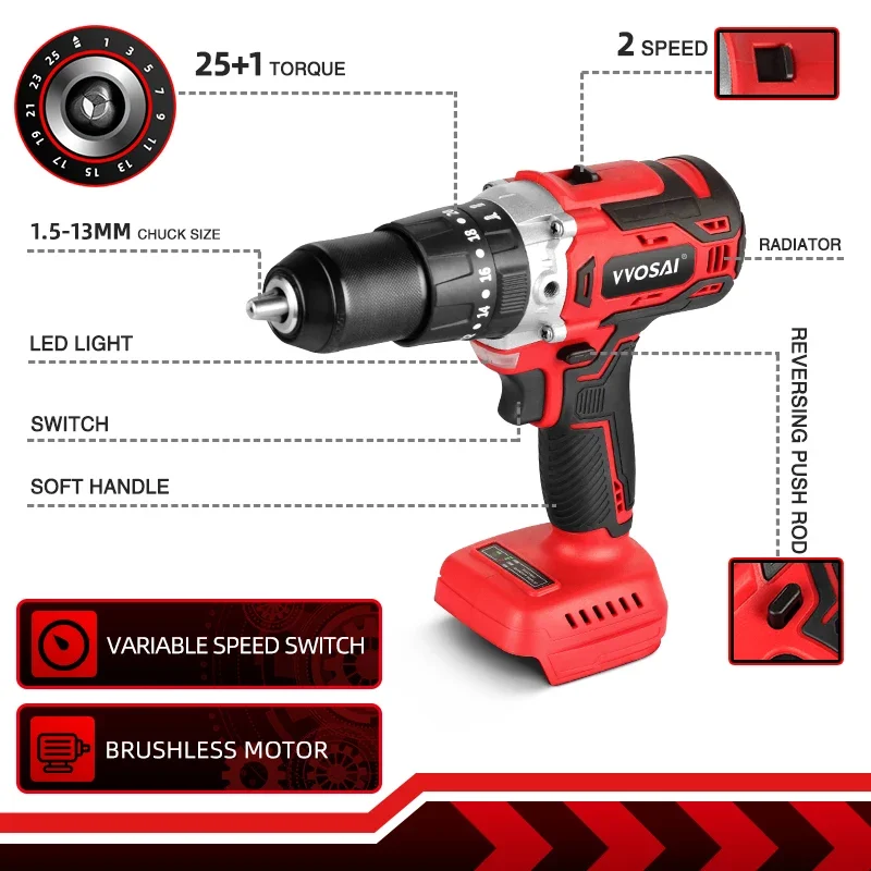 VVOSAI MT-Series 13mm Cordless Drill 20V Brushless Impact Drill Electric Screwdriver 125N.m Li-ion Battery Electric Power Tools