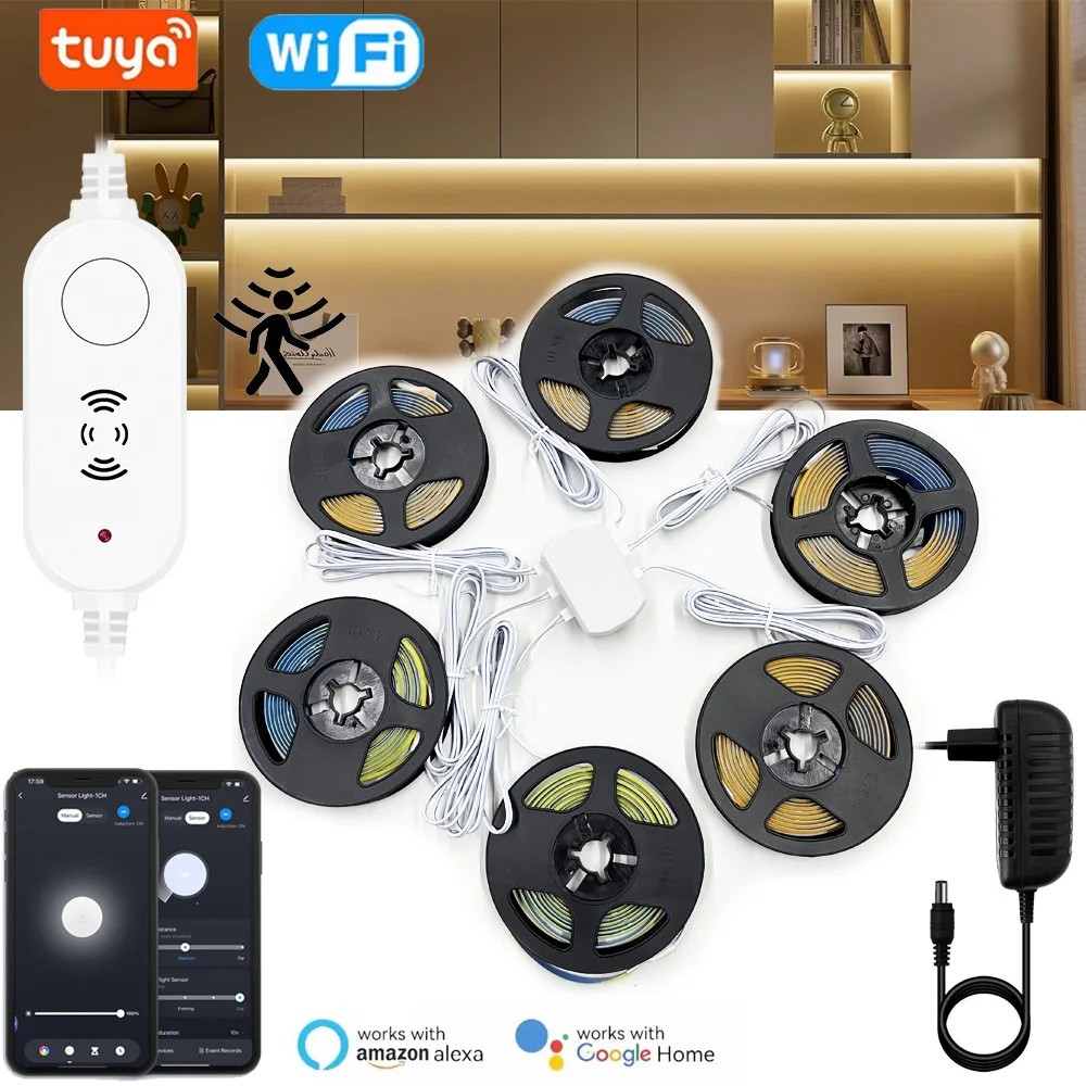 

Tuya Wi-Fi светодиодный светильник под шкафом DC12V COB с регулируемой яркостью, шайба, волновой радар, датчик движения, кухонный шкаф, светильник для гардероба, декор