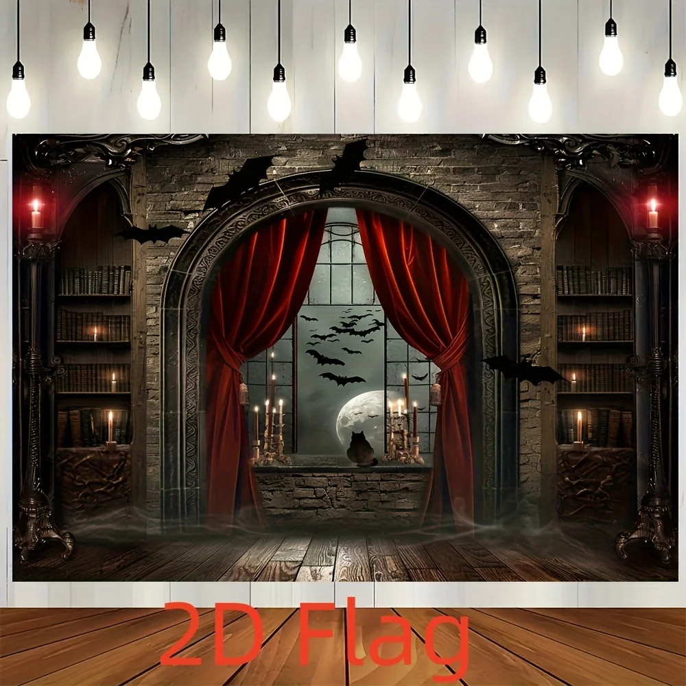 Flacher 2D-Polyester-Hintergrundstoff – mit magischem Besen- und Vampirkasten-Design – perfekt für Halloween und Partys