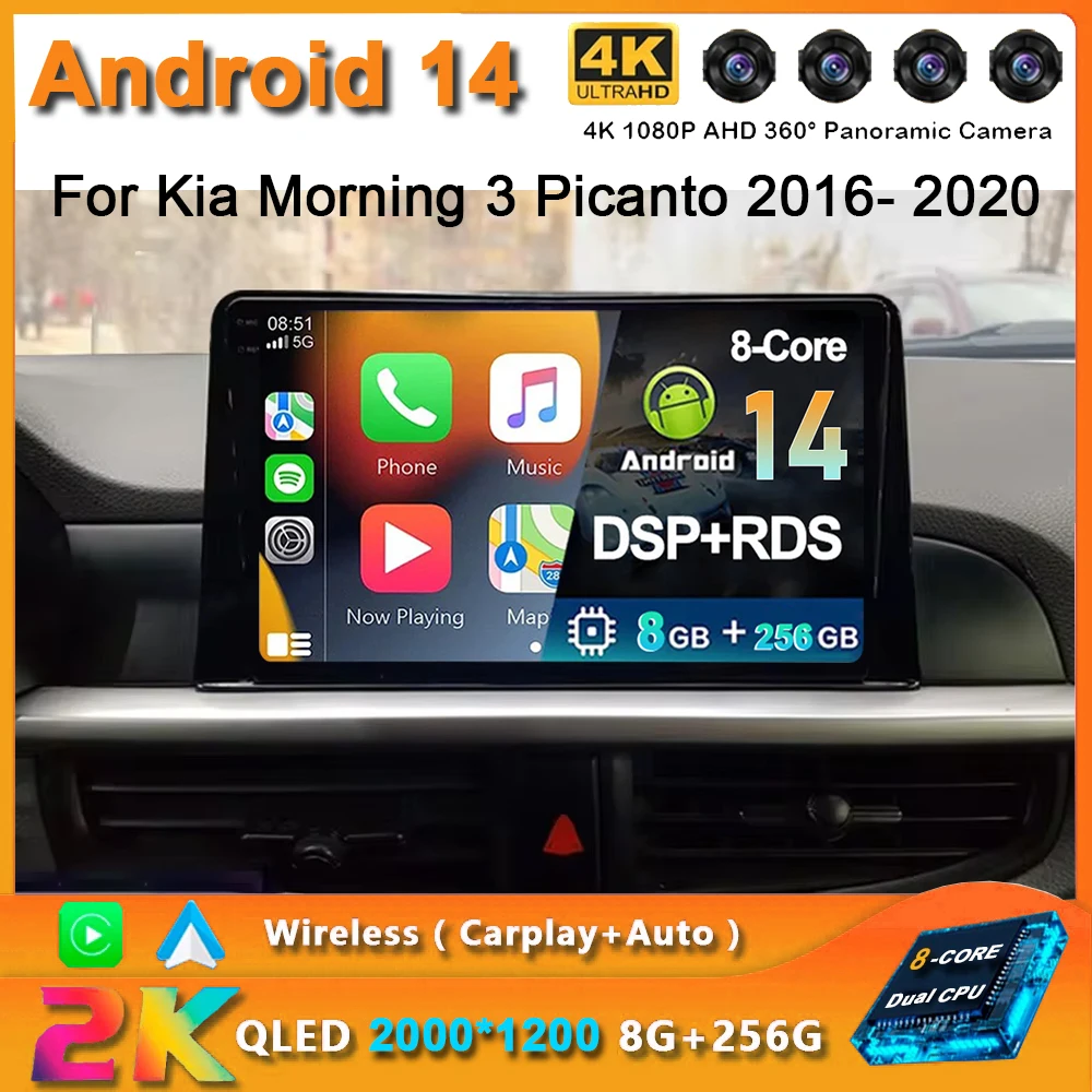 

For Kia Morning 3 Picanto 2016- 2020 2K QLED Android 14 Car Radio Multimedia Video Player GPS AI Voice 4G CarPlay Head Unit