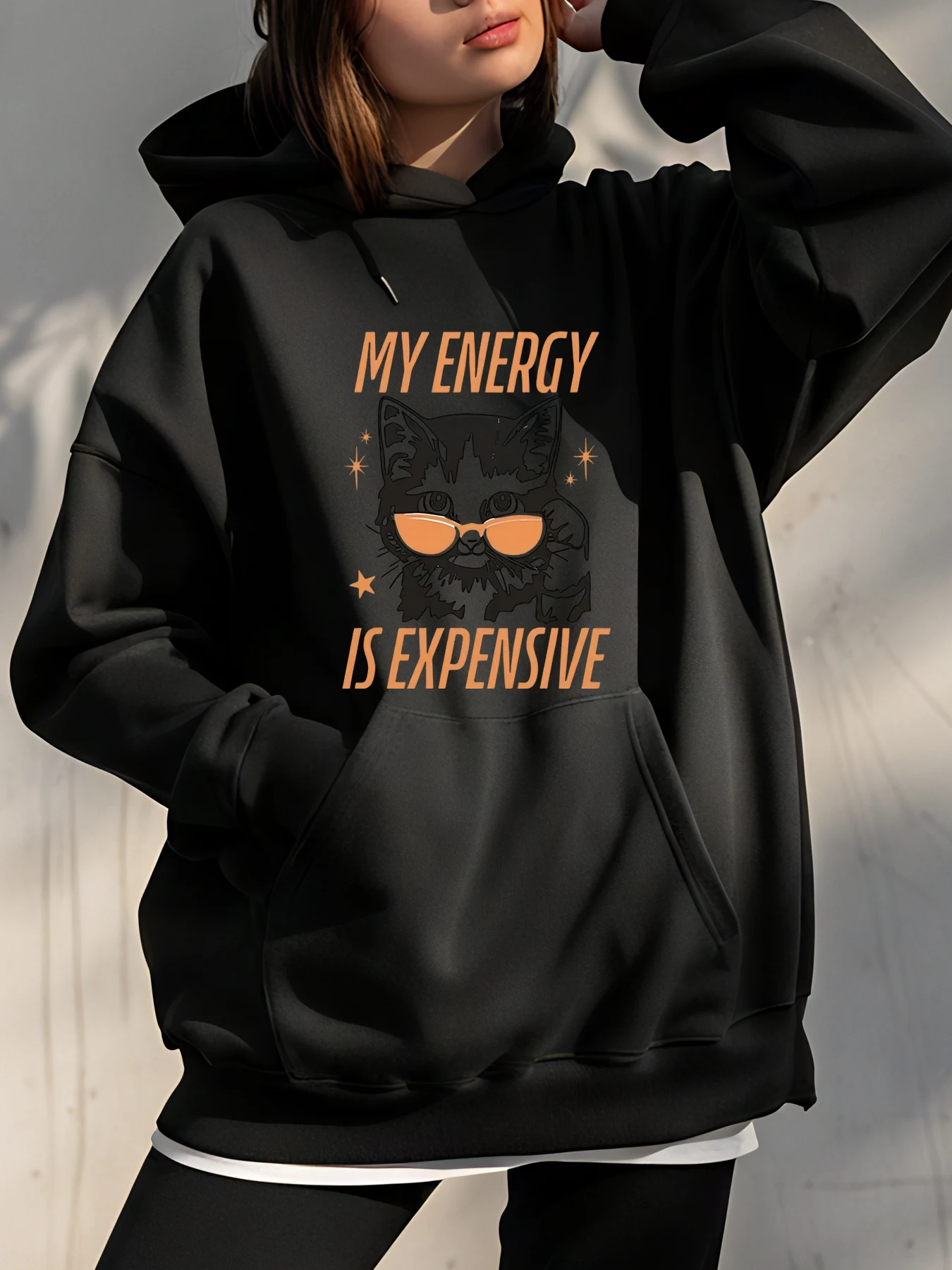 Women Hoodie Cat Print My Energy Is Expensive Sweatshirt Casual Streetwear Fashion For Women