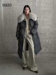 Luxury Women's Fox fur collar down jacket Winter Warm Elegant Adjustable waist Long puffer coat 2025 New Parkas INKEO DJ091