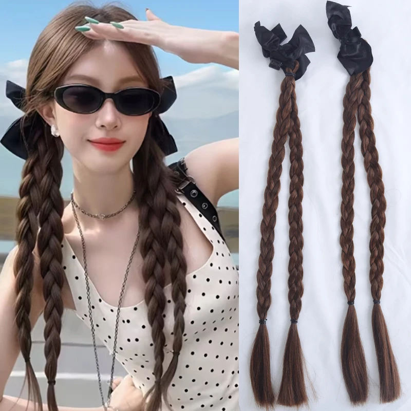 Women’s Synthetic Bow Double Braided Ponytail Wig, Clip-in Sweet Girl Style, Natural Looking, Daily Wear