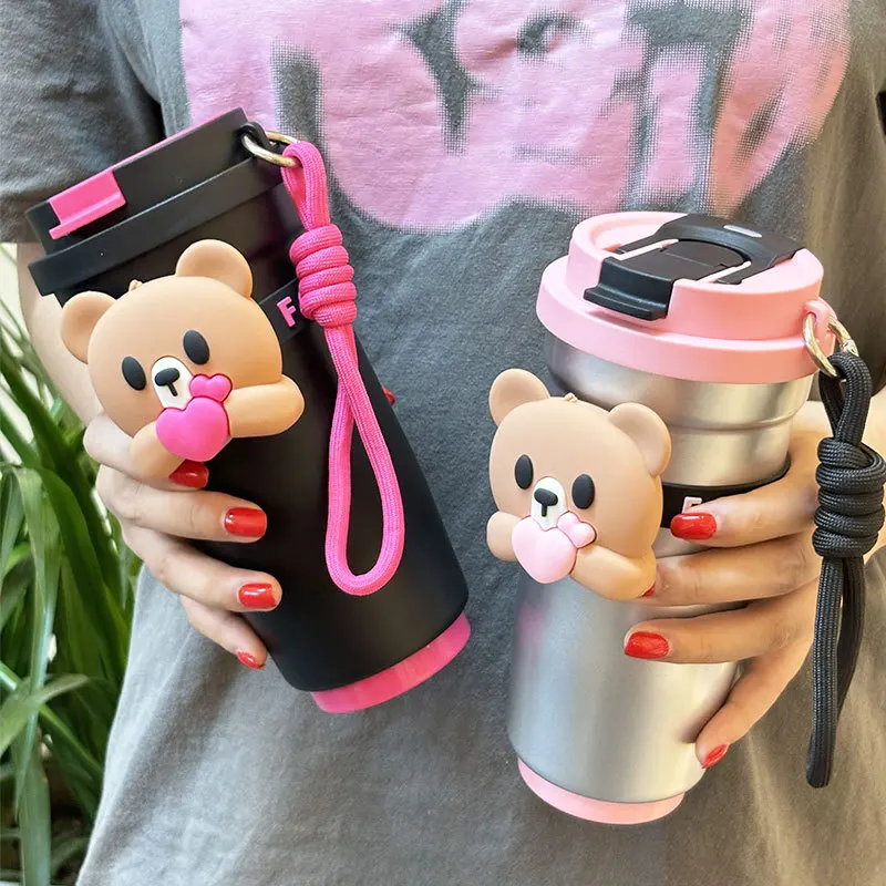 Seaygift Hug bear cartoon doll Double drink straw thermos tumbler coffee cup student back to school gift vacuum insulated bottle