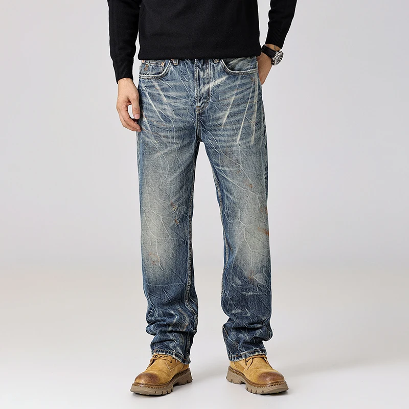 

Уличная одежда из 100% хлопка, осенние потертые рваные джинсы в стиле ретро для мужчин, свободные слегка зауженные лоскутные прямые брюки