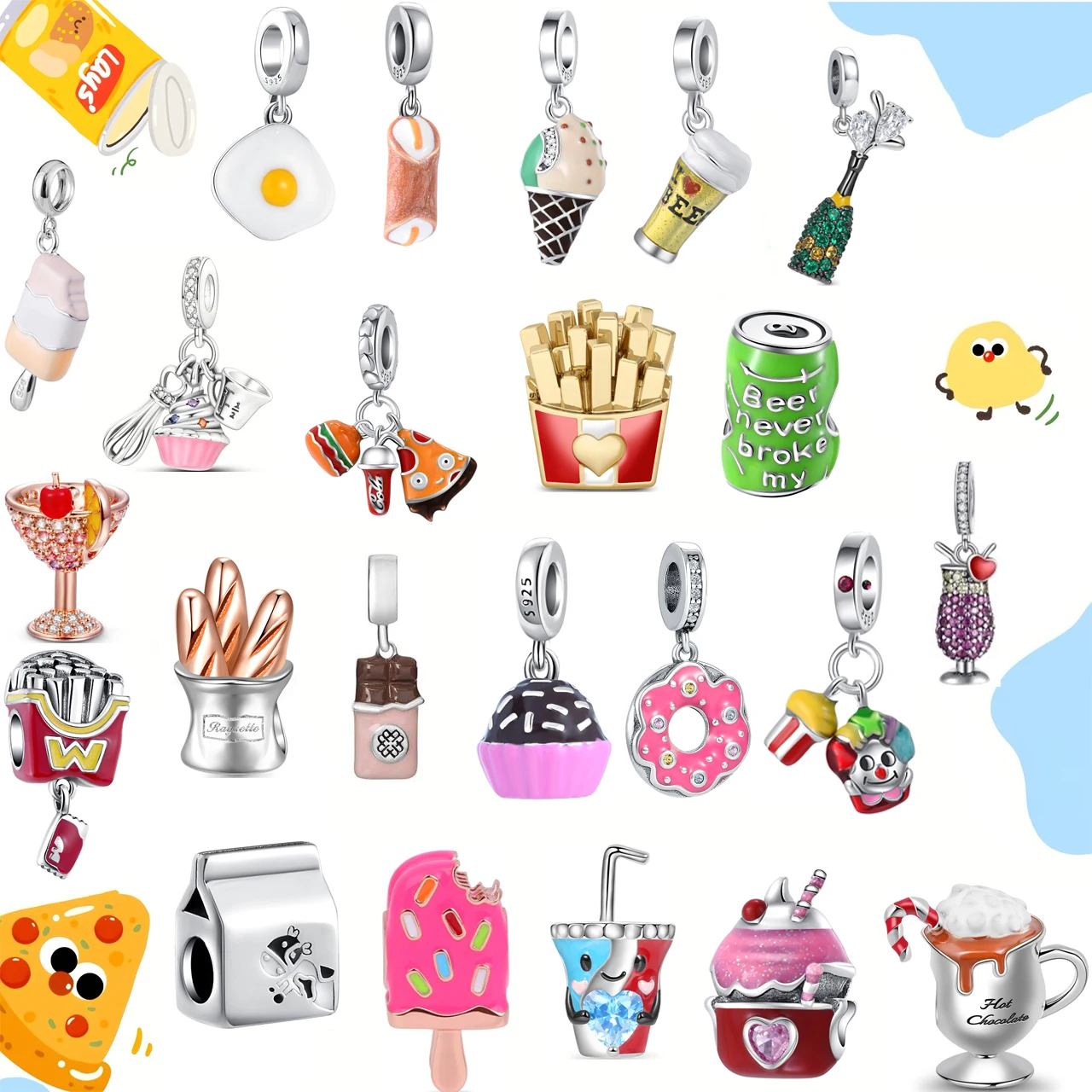 

2025 Sterling Silver 925 Sparkling Snack Drink Charm Fit Original Bracelet Trinket Golden Rose Flower Charms Festival Gift